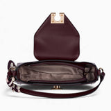 Wine velvet-effect underarm crossbody bag opened to show the main compartment under the flap