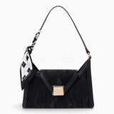 Black velvet-effect underarm crossbody bag with a flap top and matching scarf