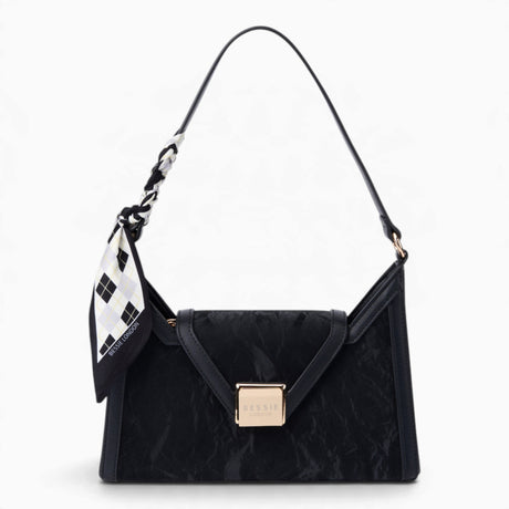 Black velvet-effect underarm crossbody bag with a flap top and matching scarf