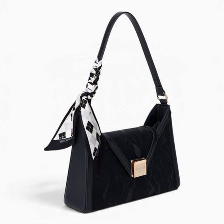 Black velvet-effect underarm crossbody bag, angled view showing the flap top and scarf