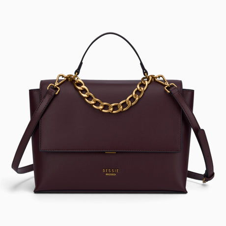 Wine chain handle flap satchel with a chunky gold chain top handle