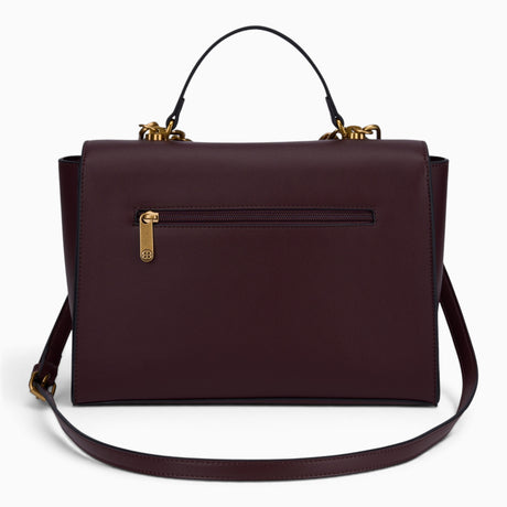 Wine chain handle flap satchel from the back, showing the rear zipped pocket