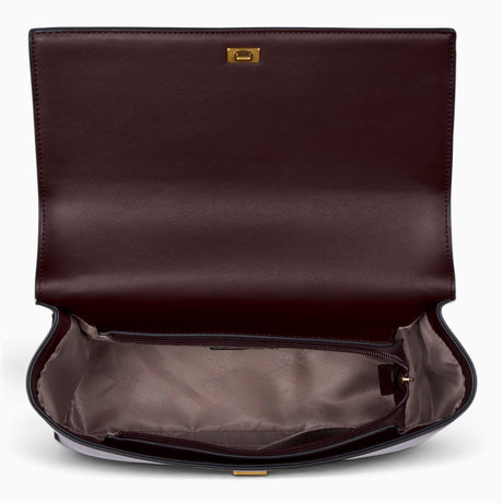 Wine chain handle flap satchel opened to show the flap-over middle compartment