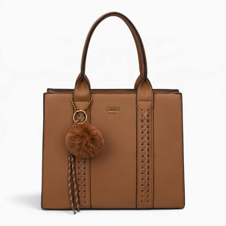 Tan pebble textured tote bag with a pom-pom charm