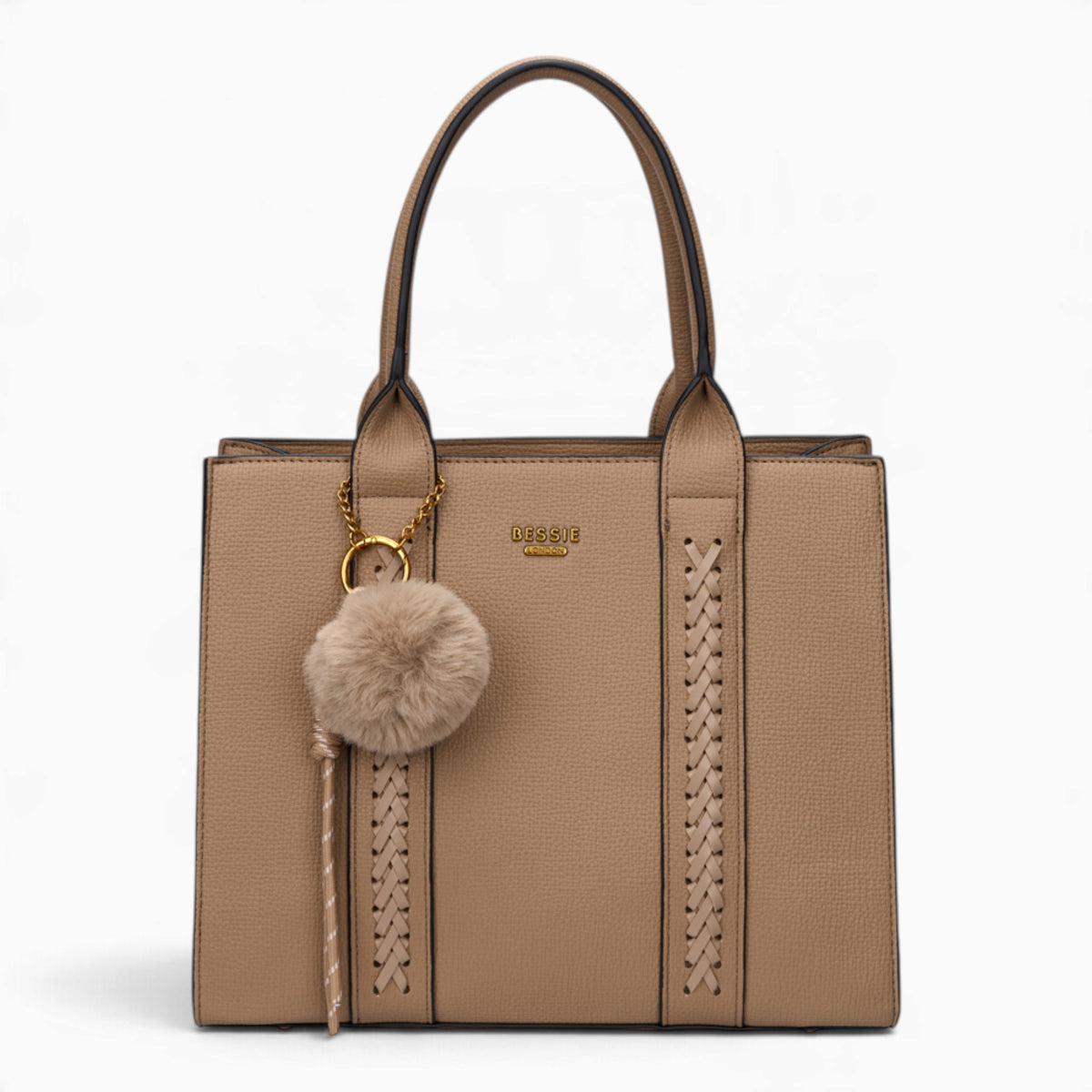 Taupe pebble textured tote bag with a pom-pom charm
