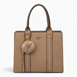 Taupe pebble textured tote bag with a pom-pom charm