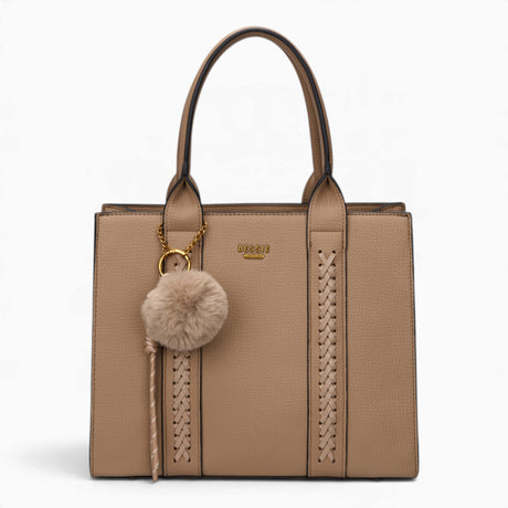 Taupe pebble textured tote bag with a pom-pom charm
