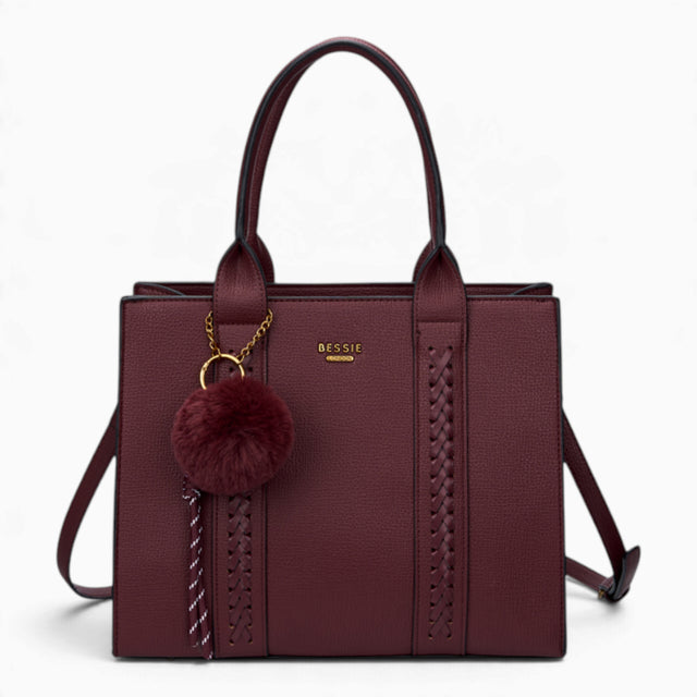 Wine pebble textured tote bag with a pom-pom charm