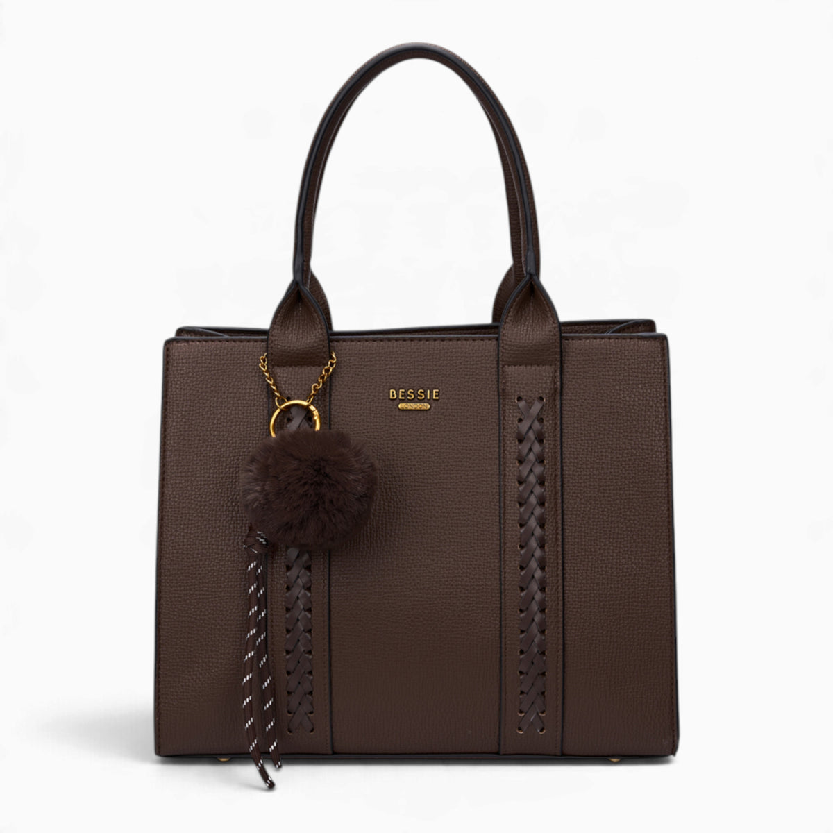 Coffee pebble textured tote bag with a pom-pom charm