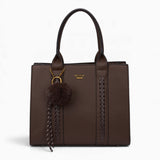 Coffee pebble textured tote bag with a pom-pom charm