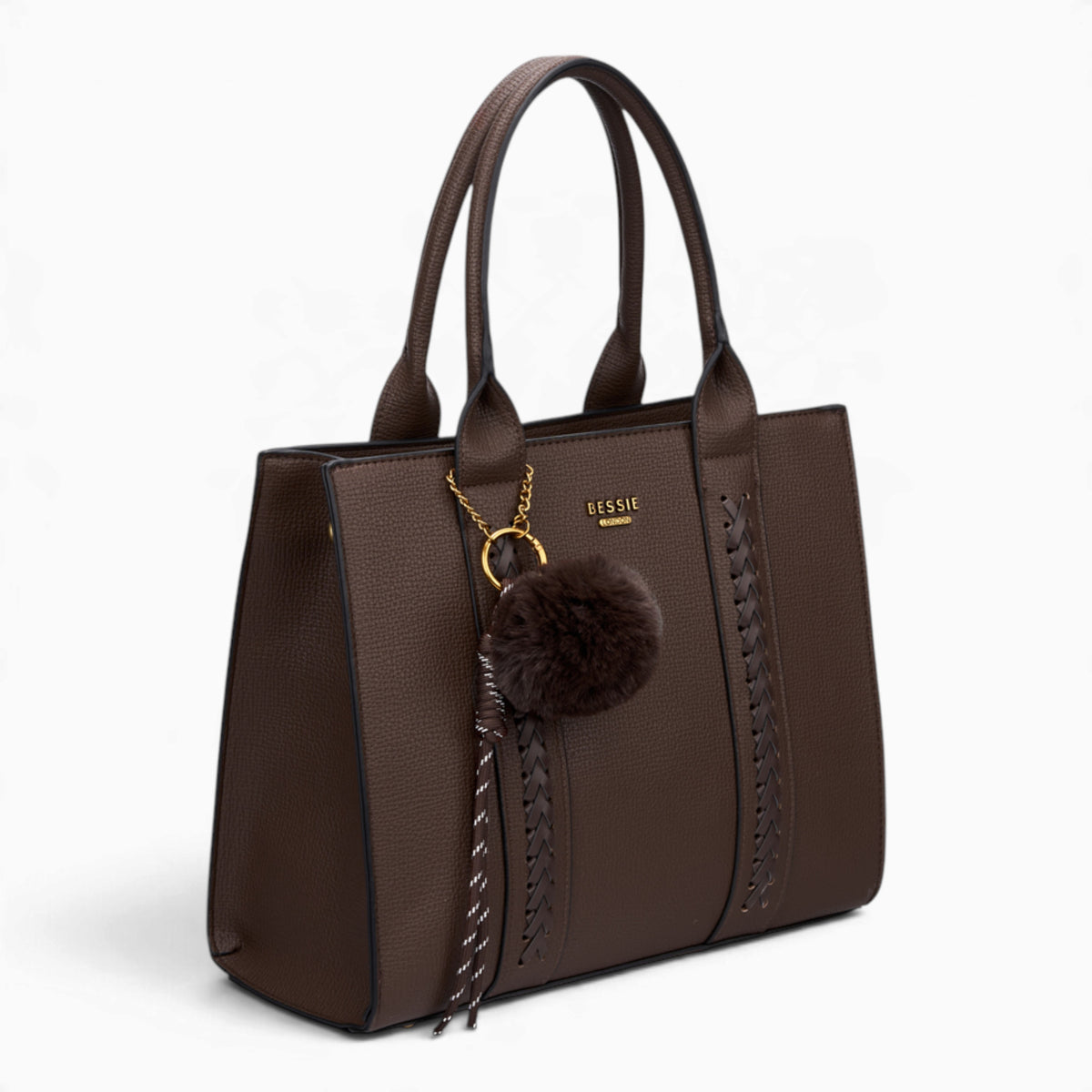 Coffee pebble textured tote bag, angled view showing the pebble texture and charm