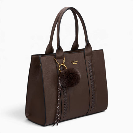 Coffee pebble textured tote bag, angled view showing the pebble texture and charm