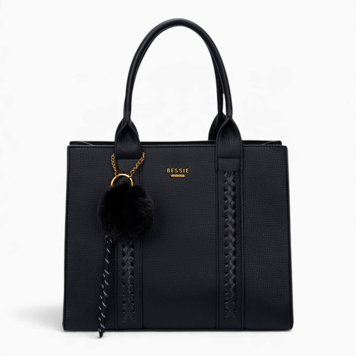 Black pebble textured tote bag with a pom-pom charm
