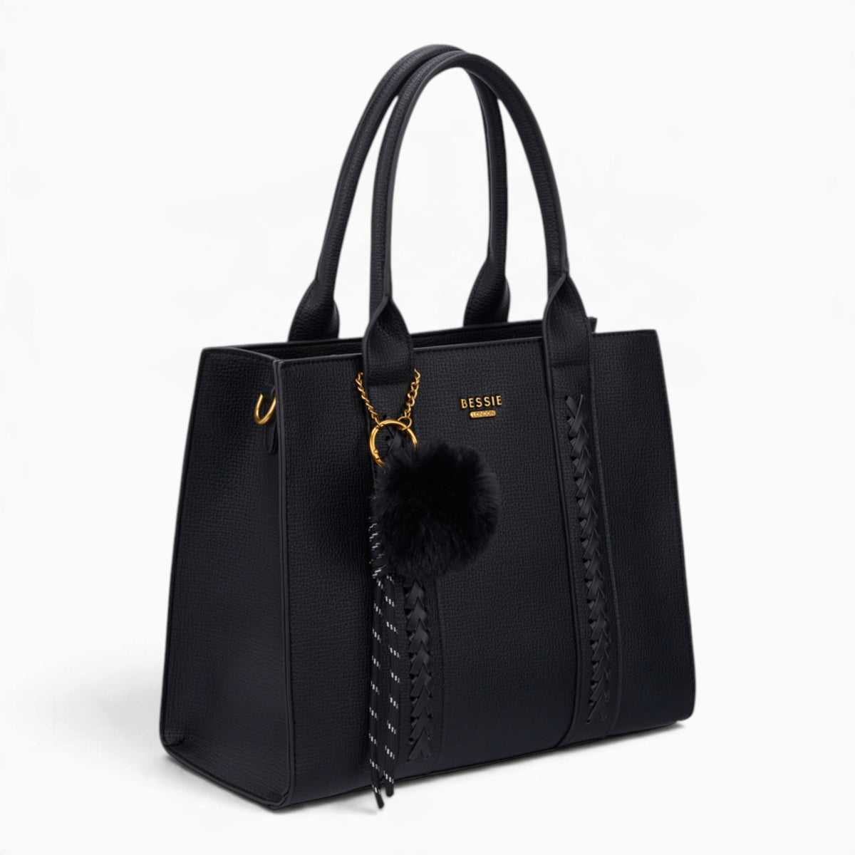 Black pebble textured tote bag, angled view showing the pebble texture and charm