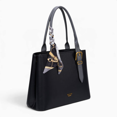 Black minimalist everyday tote bag, angled view showing the structured shape and scarf