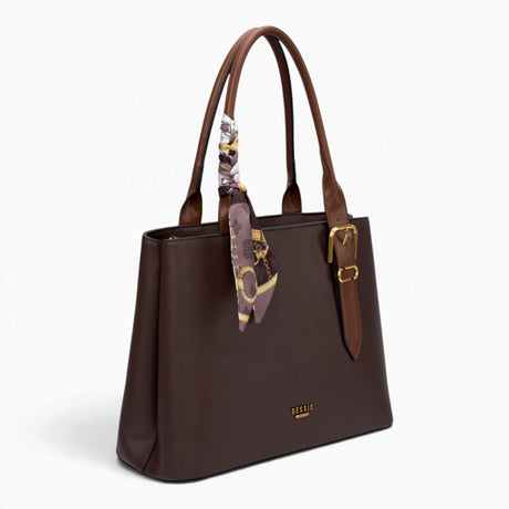 Coffee minimalist everyday tote bag, angled view showing the structured shape and scarf