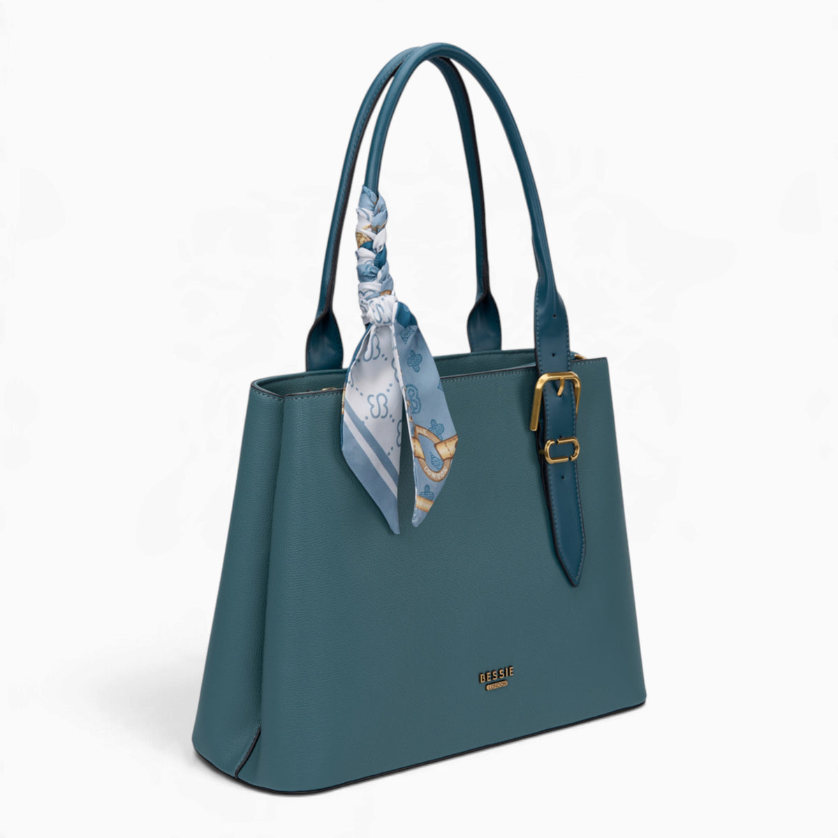 Ocean blue minimalist everyday tote bag, angled view showing the structured shape and scarf