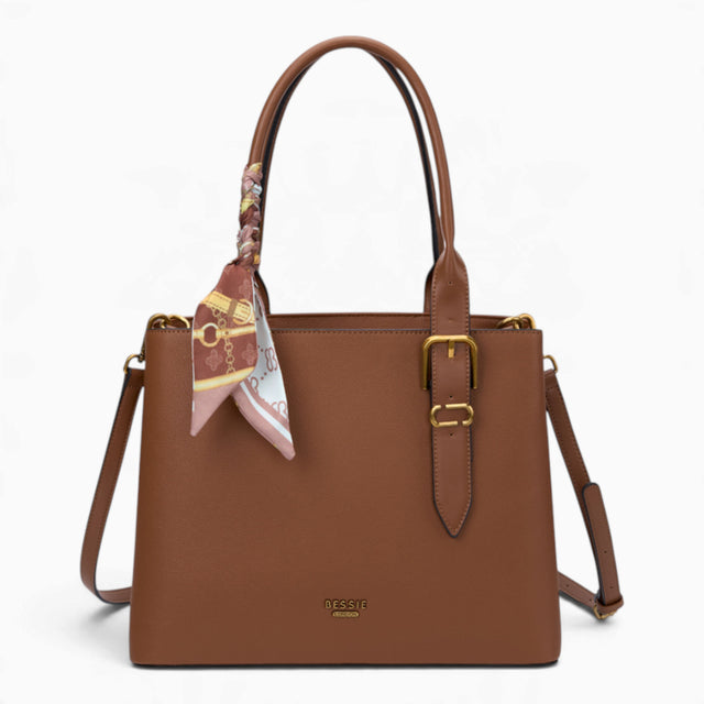 Tan minimalist everyday tote bag with a scarf accent