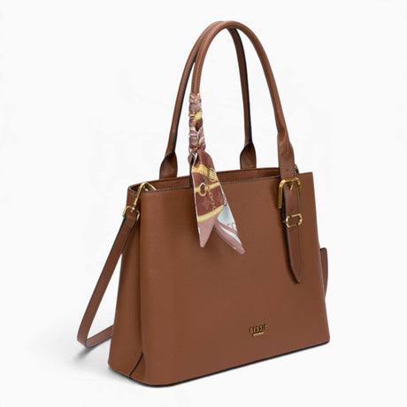 Tan minimalist everyday tote bag, angled view showing the structured shape and scarf