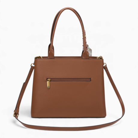 Tan minimalist everyday tote bag from the back, showing the rear zipped pocket