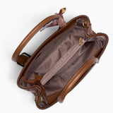 Tan minimalist everyday tote bag opened to show the zipped divider and middle sections