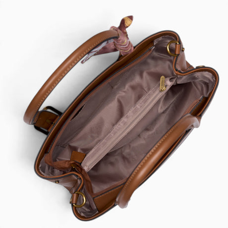 Tan minimalist everyday tote bag opened to show the zipped divider and middle sections