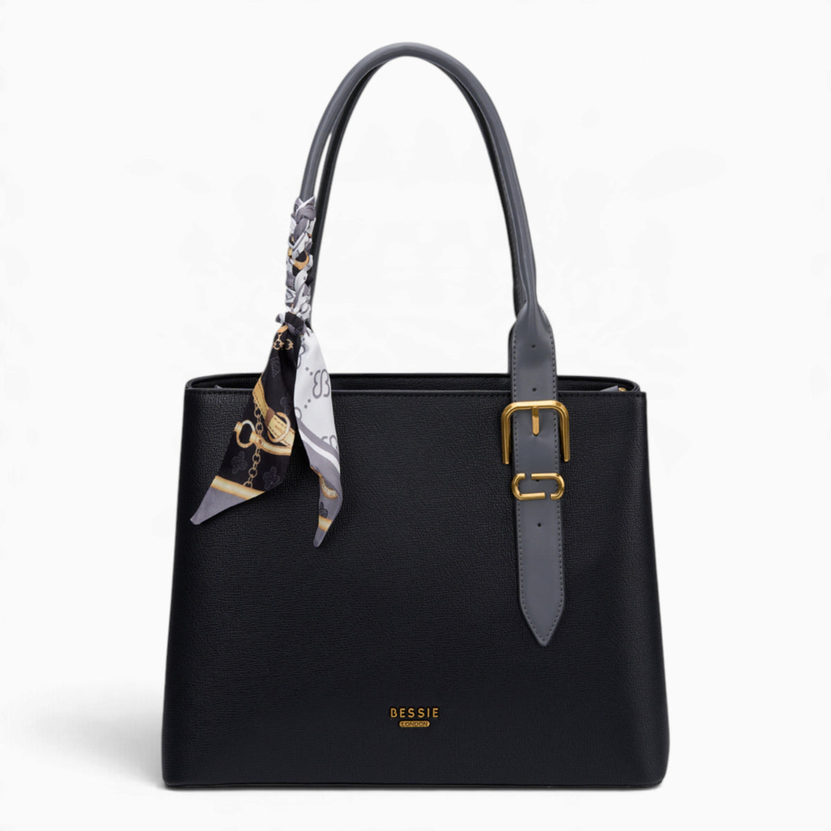 Black minimalist everyday tote bag with a scarf accent