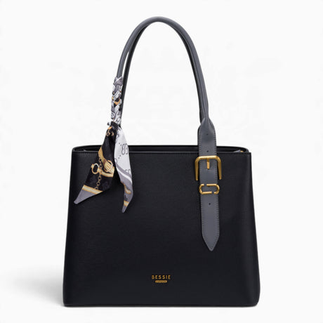 Black minimalist everyday tote bag with a scarf accent