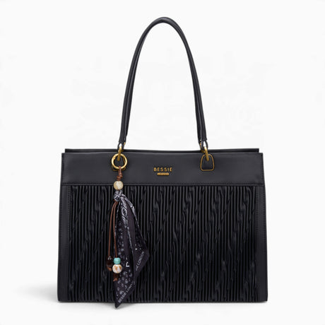 Black woven wave panel shoulder bag with a scarf accent