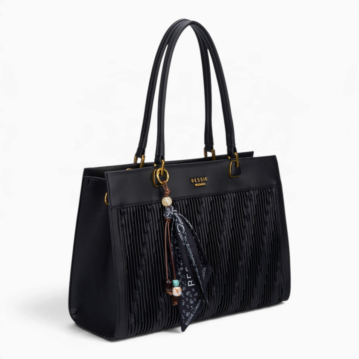 Black woven wave panel shoulder bag, angled view showing the woven wave panel and scarf