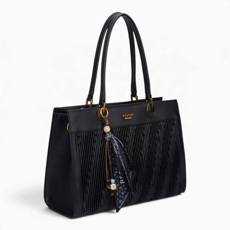 Black woven wave panel shoulder bag, angled view showing the woven wave panel and scarf