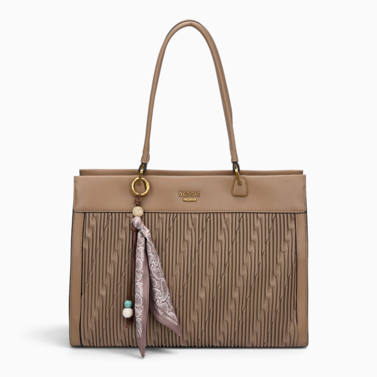 Taupe woven wave panel shoulder bag with a scarf accent