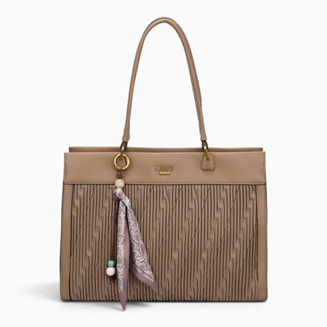 Taupe woven wave panel shoulder bag with a scarf accent