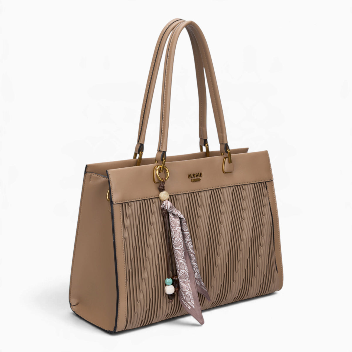 Taupe woven wave panel shoulder bag, angled view showing the woven wave panel and scarf
