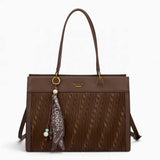 Coffee woven wave panel shoulder bag with a scarf accent