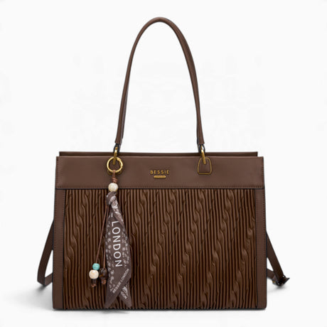 Coffee woven wave panel shoulder bag with a scarf accent