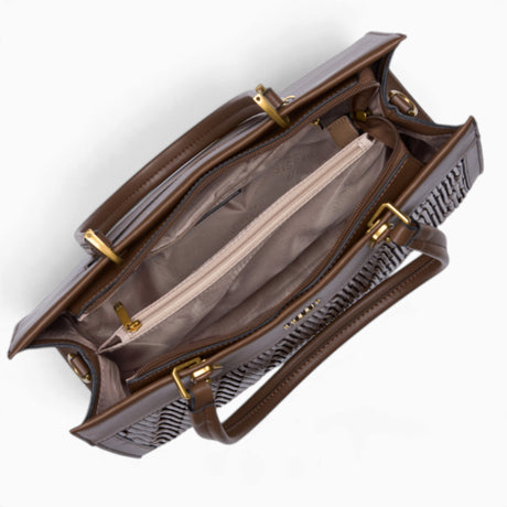 Coffee woven wave panel shoulder bag opened to show the zipped divider and middle compartments