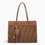 Tan woven wave panel shoulder bag with a scarf accent