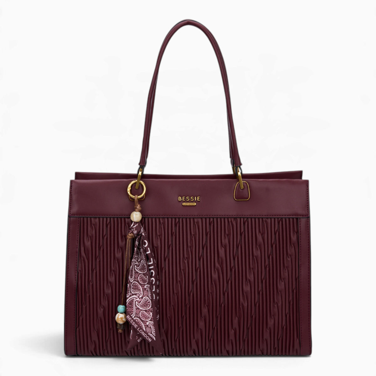 Wine woven wave panel shoulder bag with a scarf accent