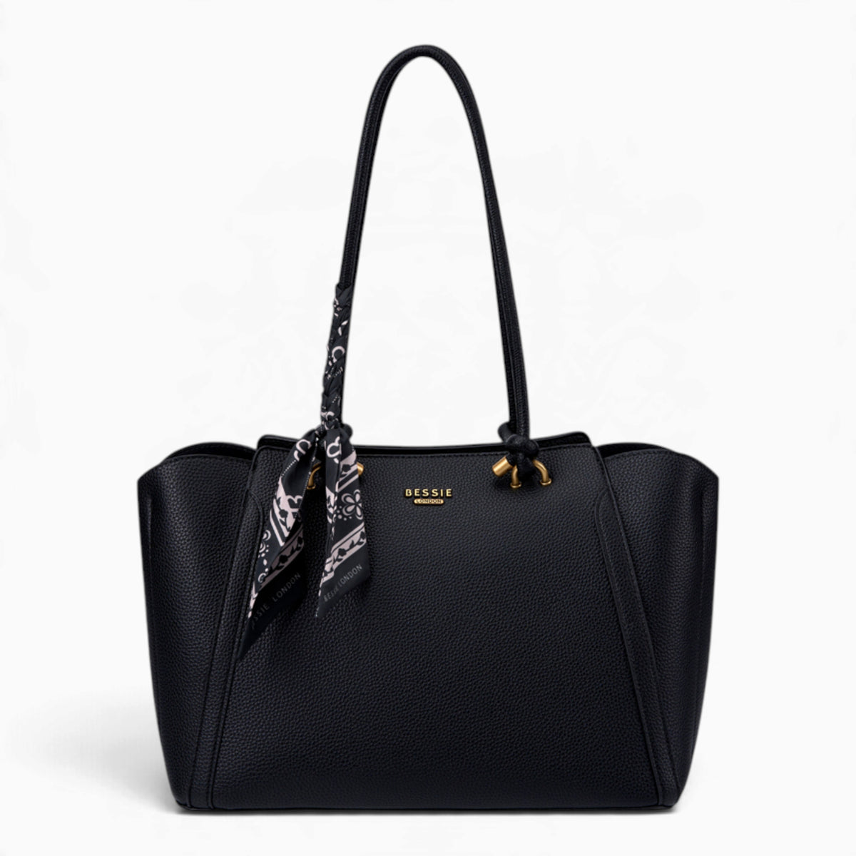 Black knot handle shoulder bag with a scarf accent