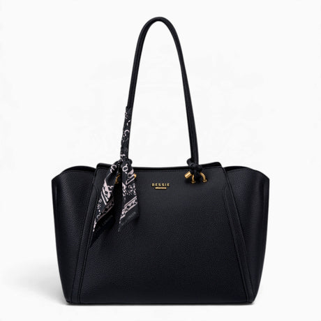 Black knot handle shoulder bag with a scarf accent