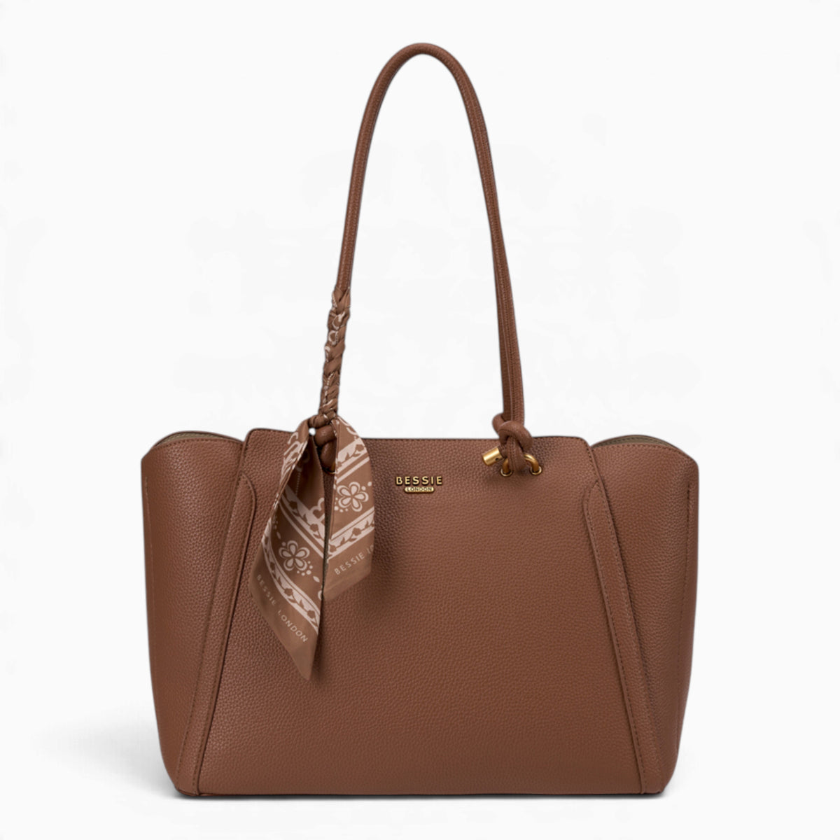 Tan knot handle shoulder bag with a scarf accent