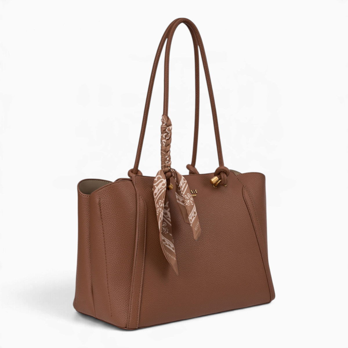 Tan knot handle shoulder bag, angled view showing the knot handle detail
