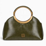 Green ring handle crossbody bag with a gold ring handle and rounded shape