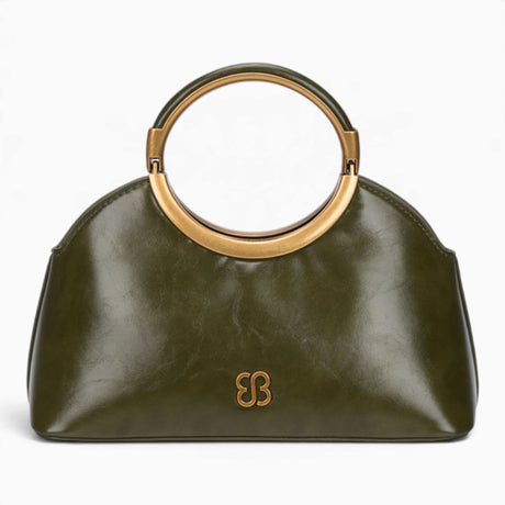 Green ring handle crossbody bag with a gold ring handle and rounded shape