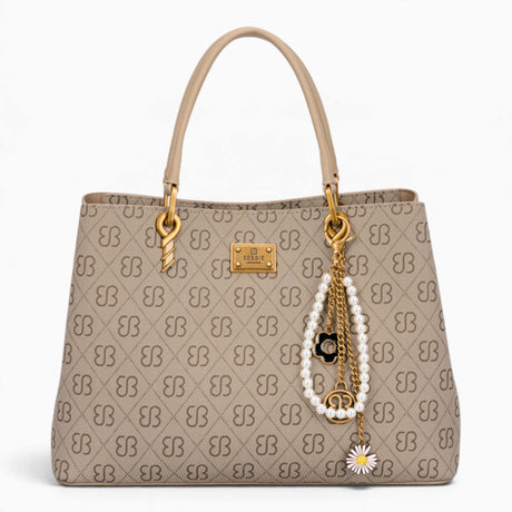Khaki monogram grab bag with a bag charm and double handles