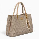 Khaki monogram grab bag, angled view showing the monogram print and charm