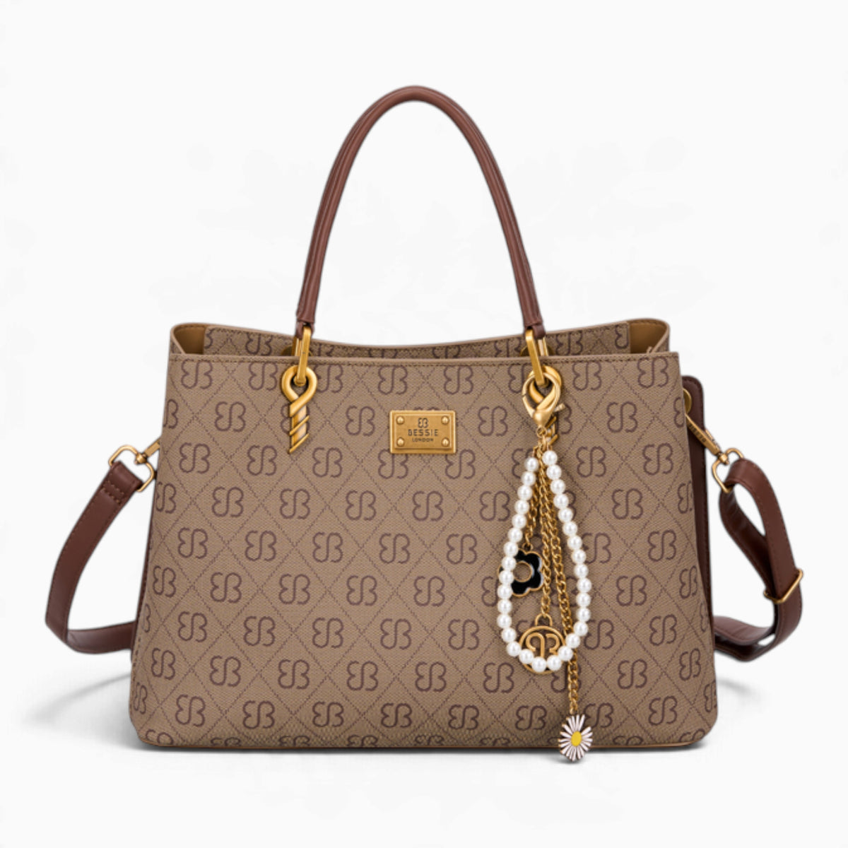 Tan monogram grab bag with a bag charm and double handles