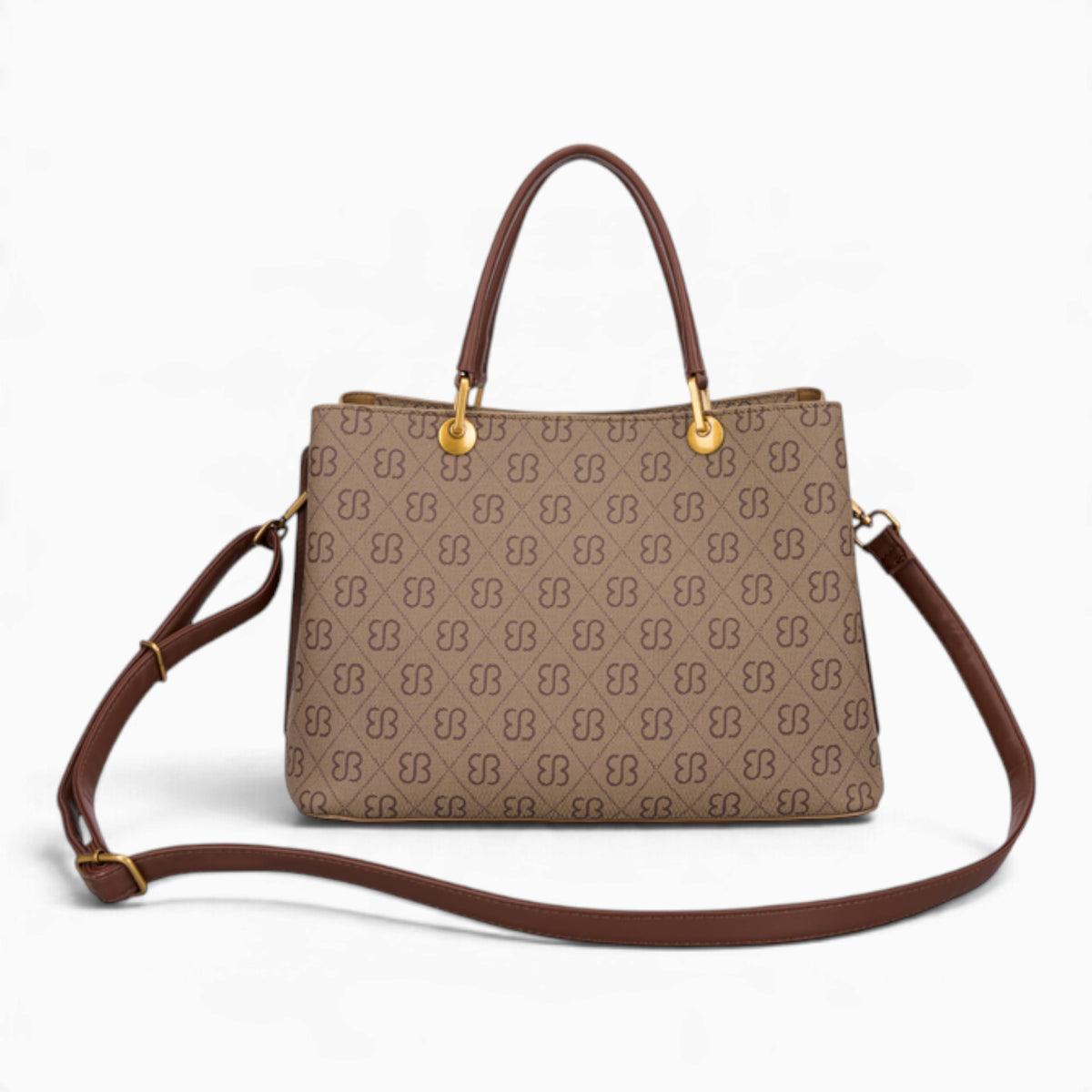 Tan monogram grab bag with its detachable shoulder strap attached