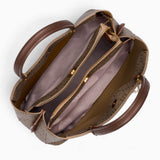 Tan monogram grab bag opened to show the middle compartment with zip and magnetic dots
